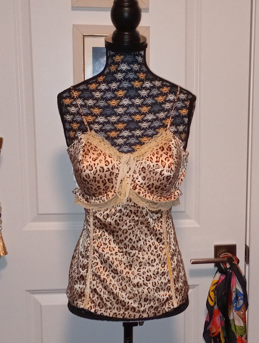 Leopard print cami top lingerie with lace trim and velvet bow detail